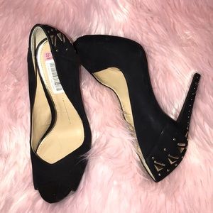 Black suede studded open toe heels